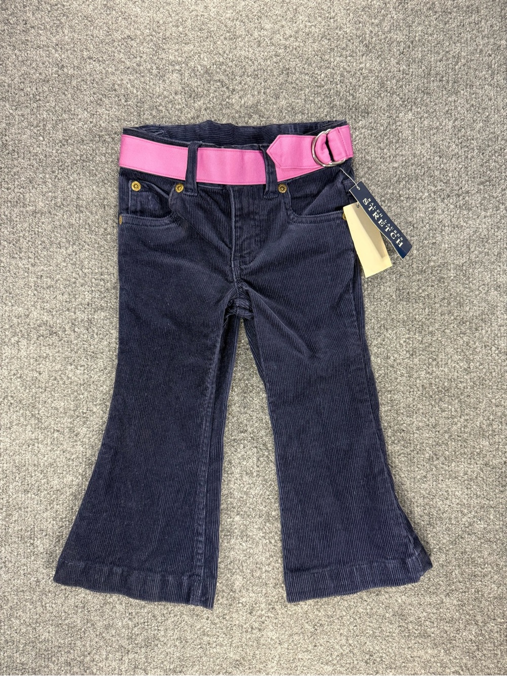 Ralph Lauren Toddler Girls Navy Corduroy Flare Jeans w/ Pink Belt - bell bottom